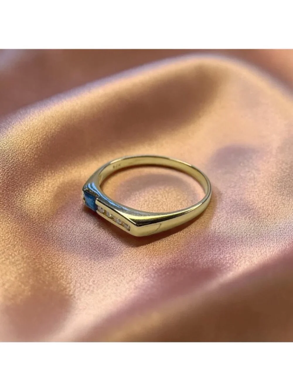 14K Gold Natural Blue Sapphire & Diamond Ring Channel Set Stacking Band Size 6